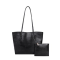 Black crocodile pattern tote bag set with matching inner pouch on white background - Black