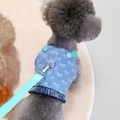 Blue denim dog harness vest with bow tie print and fringe detail on a poodle - S / Light Blue