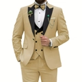 Champagne three-piece men's suit with black satin shawl lapel and double-breasted vest - Champagne
