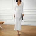 Elegante vestito lungo bianco a maniche lunghe con profondo scollo a V per donna - S / Bianco