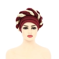 Front view of burgundy pleated turban hat with sparkling gold sequin braid details - Burgundy
