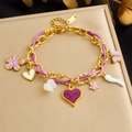 Gold stainless steel bracelet with purple charms, heart, flowers and butterfly pendants - Purple Charm Style (B1975)