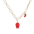 Detail of gold chain necklace with red flower bud and chili charms on white background - Gold Red Bud & Chili