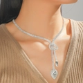 Elegant bridal copper jewelry set with silver teardrop rhinestone necklace for weddings - Full Diamond Y-Shape Silver Set(DTN14027014W)