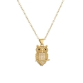 Gold owl pendant necklace with white crystals and black gem eyes on a white background - White Zircon Owl