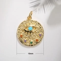 Detailed 15mm gold Evil Eye pendant with colorful zircons and measurement scale - A0065 Vibrant Round Eye