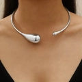 Minimalist silver wavy choker with large teardrop metal pendant in a sleek modern design - Teardrop Ball Open Silver Style (White K 7891)