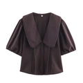 Vintage dark brown short-sleeved blouse featuring puff sleeves and a classic sailor collar - XS / Coffee