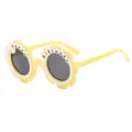 Yellow flower birthday sunglasses with white pearls and Happy Birthday text - Yellow Frame Grey Lens