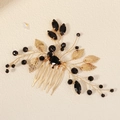 Dettaglio del pettine per capelli da sposa con gemme nere e foglie metalliche dorate - Modello Hs-j7137gblk
