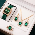 Green leather strap square watch set with matching emerald necklace earrings and ring - 14+ Pieces Of Jewelry (without Box) / Factory Direct Price