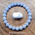 Blue Dream Agate 8mm beaded bracelet with natural white silk patterns and matching raw stone - Dream Agate