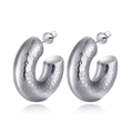 Vintage style hollow C-shape silver earrings with textured hammered finish in stainless steel - Hammered Thick C-Shape (MS-202) / Steel