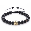 Detail of tiger eye bead and zircon Z letter block on black onyx stone bracelet - Letter Z-Black Agate Bracelet