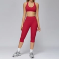 Two-piece dark red brushed yoga set featuring a racerback sports bra and high-waist capri leggings - Lava Red (Bra+Capris)