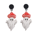 Halloween acrylic earrings featuring white ghost figures with red spotted mushroom hats - Red Mushroom Head Ghost Style