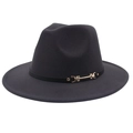 Détail du chapeau en laine avec ruban fin en cuir noir et boucle en métal doré - M(56-58cm) / Gris Foncé (Double Bande)