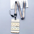 Porta badge blu con motivi geometrici, cordino in tessuto coordinato e gancio in metallo - Triangoli su e giù con cordino