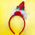 Red Christmas headband with reindeer antlers, mini Santa hat and green leaf decor - TK24 (Feather Pointed Hat Headband)
