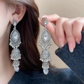 Vintage silver long tassel earrings with sparkling crystals and bohemian jhumka design - Antique Silver Bohemian Jhumka (275)