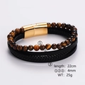 Herren Lederarmband mehrlagig mit Tigerauge-Perlen und goldenem Magnetverschluss, 22cm - Tigerauge Stein Perlen schwarzes Leder (Stil 3)