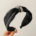 Elegant black satin headband with white polka dots and a rhinestone knot detail - Polka Dot Pattern/Knotted Style / Polka Dot Black