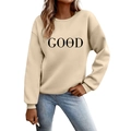 Women's crew neck sweatshirt in beige with black 'GOOD vibes' lettering and soft knit fabric - Khaki