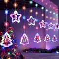 LED Christmas curtain lights with stars, trees, and colorful figurines for festive indoor decor - Snowflake Star + Tree Ring [Multicolor]