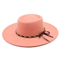 Detail of pink wool felt hat featuring golden chain trim and black ribbon bow accent - M (56-58cm) / Dusky Pink