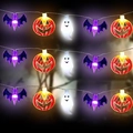 Solar Halloween string lights with purple bats, orange pumpkins and white ghosts - Purple Bat Flat Pumpkin Ghost Mix / 1.5m 10 LEDs Battery Operated