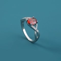 Silver ring with oval red gemstone and pavé zircon stones on a teal background - Adjustable Open / Red Oval Gemstone/Zirconia Accents