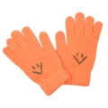 Close-up of orange knitted gloves featuring soft wool texture and green stitched details - One Size / Orange