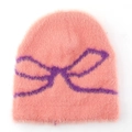 Close-up of pink knit beanie with purple bow pattern and soft mohair texture - L(58-62cm) / Pink