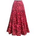Detail of tiered long skirt with abstract magenta leaf patterns and satin finish - One Size / Rose Pink Print Tiered Maxi Skirt