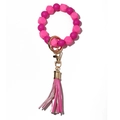 Luminous silicone bead keychain bracelet with pink tassel and gold metal ring clasp - Rose Red
