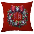 Square red Christmas pillowcase featuring a festive gem wreath and holly decoration - Jewelry Wreath