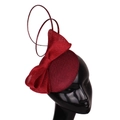 Elegant wine red mesh fascinator hat with layered bow and circular disc for banquet events - Burgundy