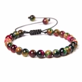 6mm natural colorful stone bead bracelet with adjustable black braided cord strap - 6mm / Green Colorful Tiger Eye