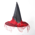 Black Oxford Halloween witch hat with red lace trim and silver rhinestone buckle - Red Spider Web