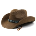 Unisex dark brown woven jazz straw hat with beaded band and adjustable chin strap - Coffee