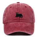 Close-up of black cat embroidery on vintage washed burgundy cotton baseball cap - Adjustable / Burgundy