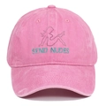 Close-up of SEND NUDES letter embroidery on pink washed cotton baseball cap - Pink