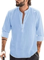 Detail of light blue linen-style shirt featuring mandarin collar and buttoned placket - M / Tops / Light Blue
