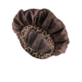 Brown satin sleep bonnet with elastic leopard print band for hair protection - Brown