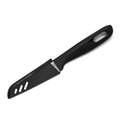 Close-up of portable fruit knife with black plastic handle and protective vented sheath - Black
