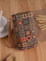 Bohemian cork texture long wallet with colorful geometric floral pattern and wrist strap - Long Double Zipper Style B
