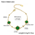 Detail of gold stainless steel bracelet featuring green square glass stones and dimensions - Green Glass Stone Gold Bracelet / 16.5+5cm