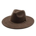 Dark brown suede wide brim fedora hat for men and women with gold metal ring detail - M(56-59CM) / Coffee