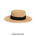 Flat top khaki straw sun hat with black ribbon trim and frayed edge for beach vacations - French Style / Khaki With Black Ribbon