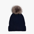 Navy blue ribbed knit beanie with a fluffy brown faux fur pom-pom for winter warmth - Adult Size (56-60cm) / Navy Blue